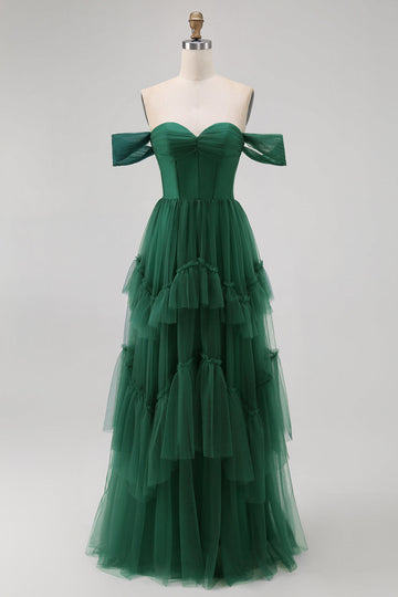 Dark Green Tulle Tiered Ruffled Off The Shoulder A Line Bridesmaid Dress